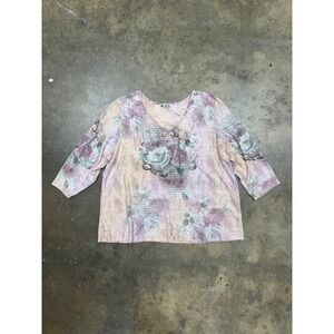 Unity World Wear Floral V-Neck Top Women 2X Pink Good Rhinestone 3/4 Sleeve